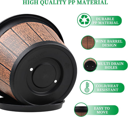 Quarut 4 Pack 10 inch Plant Pots,Upgrade Whiskey Barrel Planters with Drainage Holes & Saucer,Plastic Decoration Flower Pots Retro Design,Planters for Outdoor Indoor Garden Home Plants (Brown)