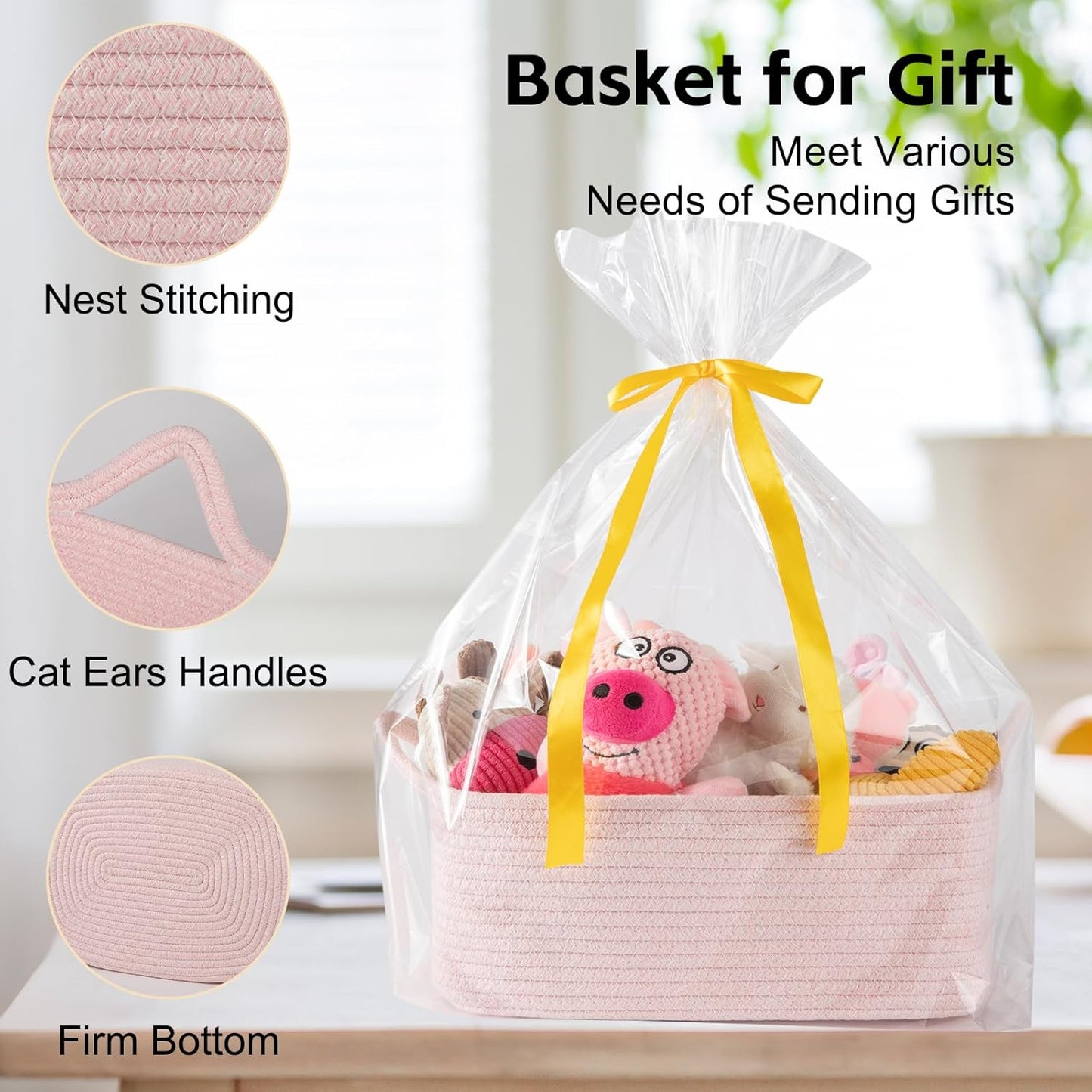 OIAHOMY Woven Basket, Gift Basket Empty with Gift Bags and Ribbons, Rope Baskets for Baby Showers, Storage Baskets with Handles for Nursery, Pet Toy Organizer - White