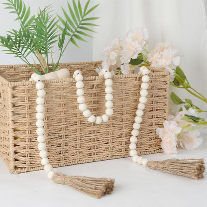 Wood Bead Garland 58 Inch Nature Wooden Beads for Boho Farmhouse Table Home Decor with Tassel, Wooden Prayer Bead, Rustic Country Boho Wall Hanging Decor for Kitchen Modern Living Room Tray Vase Shelf