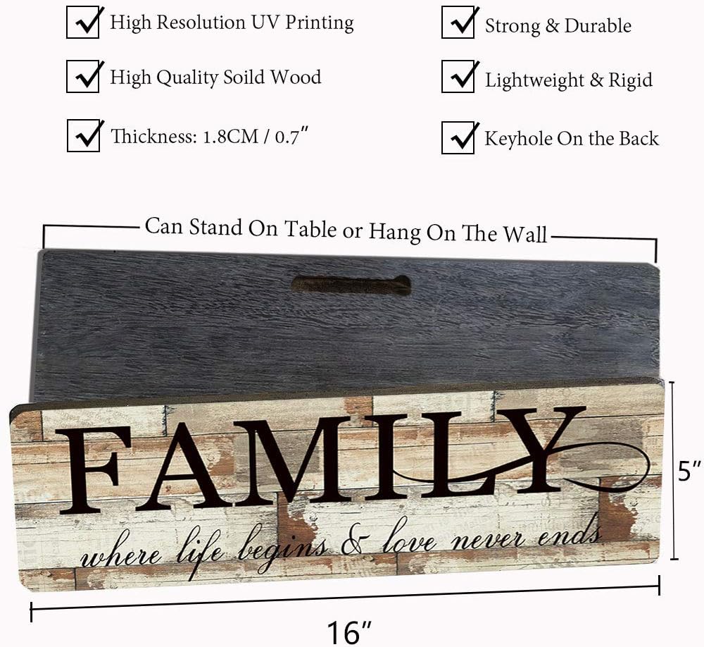 Wood Wall Decor Sign Family Wall Art Sign Home Inspirational Motto Printed Plaque Sign-Family, Where Life Begins and Love Never Ends 16"x5"-Wood Wall Decorations for Home Decor
