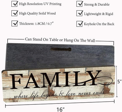 Wood Wall Decor Sign Family Wall Art Sign Home Inspirational Motto Printed Plaque Sign-Family, Where Life Begins and Love Never Ends 16"x5"-Wood Wall Decorations for Home Decor
