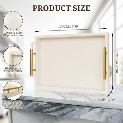 SXNOWS 17"x12" Cream Faux Leather Serving Tray with Gold Handles, Rectangle Decorative Tray for Ottoman, Coffee Table, Kitchen, Bar, Gift for Home Decor