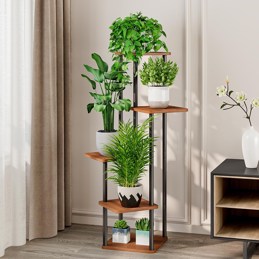 AZERPIAN Plant Stand 5 Tier Indoor Metal Flower Shelf for Multiple Plants Corner Tall Flower Holders for Patio Garden Living Room Balcony Bedroom, Black (5 Tier-Black)