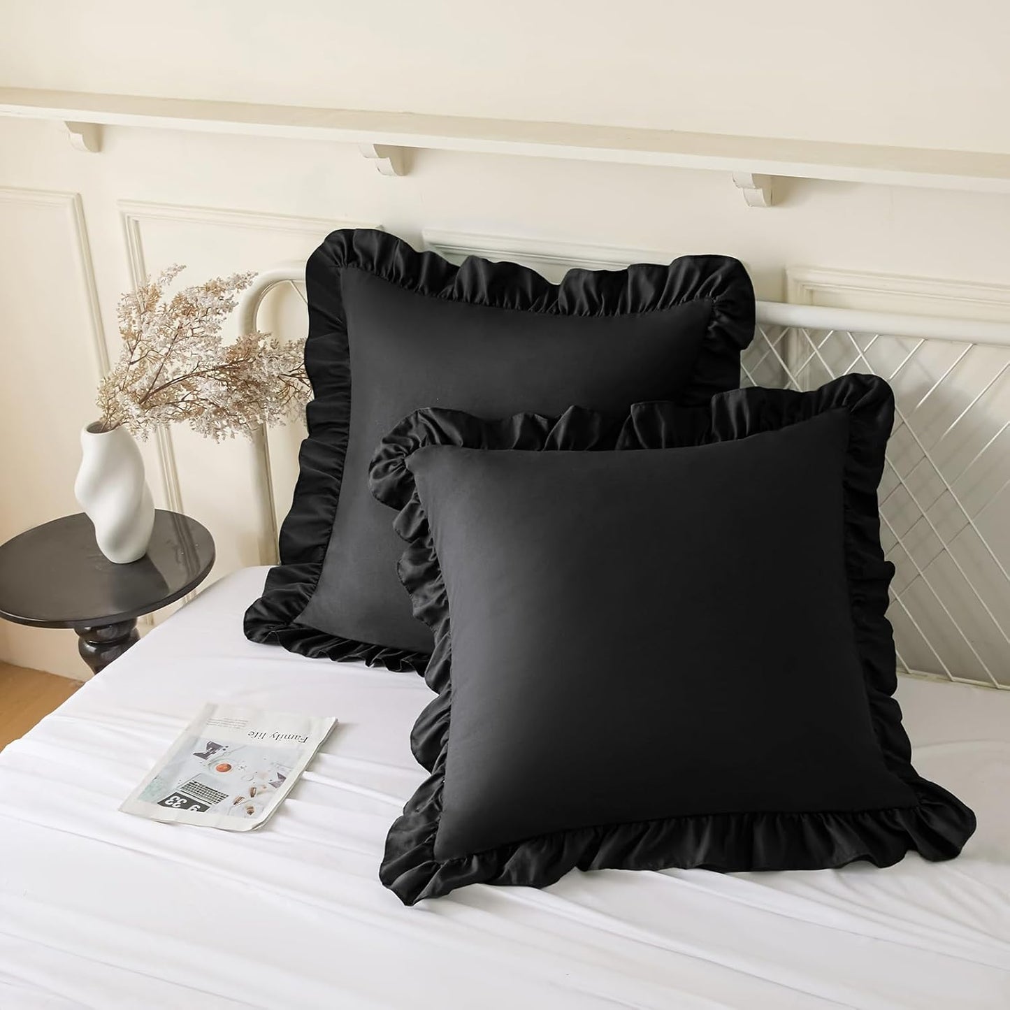 KKJIAF Ruffle Pillow Cases 26x26 Inches, White Square Ruffled Pillow Covers Set of 2, Microfiber Wrinkle Resistant Pillow Shams with Envelope Closure for Sofa Bed Living Room