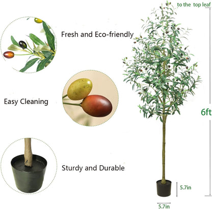 Olive Trees Artificial Indoor 6ft - Artificial Plants Indoor with Silk Leaves & Resin Trunk, Fake Olive Trees for Home Decor, Faux Trees with Black Pot, Large Artificial Trees Indoor Outdoor