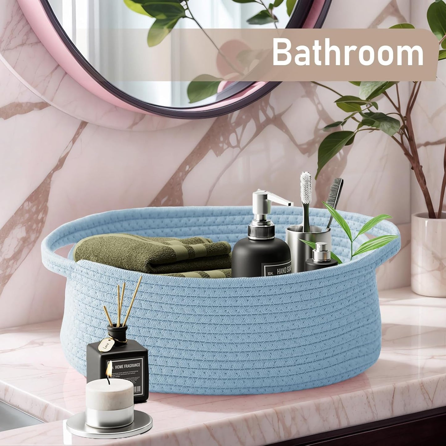 JMvicyroam Woven Basket,Small Rope Storage Bin with Handles & Ribbon Bag, Organizer for Shelves Closets,Gift Basket Empty for Birthday,Books,Dog Toys,White