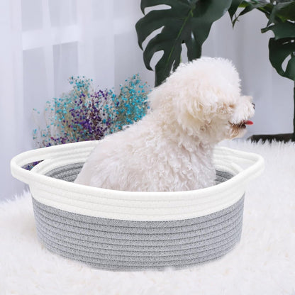 ABenkle Small Basket with Handles, Boho Decorative Rope Woven Dog Cat Toy Storage Bin Shelf Storage Organizer, Easter Christmas Gift Basket, 12"x8"x5", White
