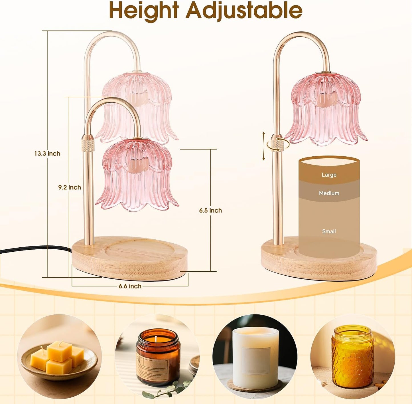 Candle Warmer Lamp Adjustable Timer - Electric Flower Glass Candles Warmers Adjustable Height Dimmable Vintage Base Modern Wax Candles Top Warmers for Small Jar Scented Wax Melts