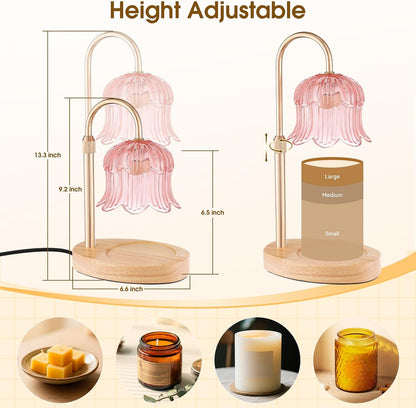 Candle Warmer Lamp Adjustable Timer - Electric Flower Glass Candles Warmers Adjustable Height Dimmable Vintage Base Modern Wax Candles Top Warmers for Small Jar Scented Wax Melts