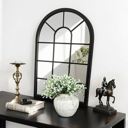 HQiJun Black Arched Window Mirror, Farmhouse Decorative Wall Mirrors for Living Room, Bedroom, Entryway, Bathroom Vanity, Fireplace Mantel, Window Pane Mirror Wall Decor (Black, 31.5 x 20 x1)
