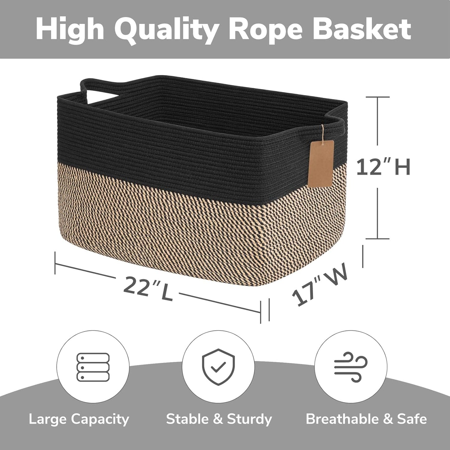 Goodpick Woven Storage Basket, Cotton Rope Basket for Dog Toys, Books, Stylish Gift Basket with Handles, 13 x 10 x 9 Inches Square Baskets for Organizing, Brown and White