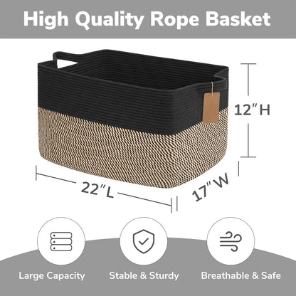 Goodpick Woven Storage Basket, Cotton Rope Basket for Dog Toys, Books, Stylish Gift Basket with Handles, 13 x 10 x 9 Inches Square Baskets for Organizing, Brown and White