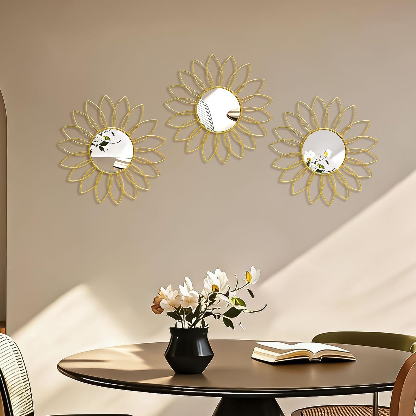 3 Pack Metal Mirrors for Wall Sunburst Wall Mirrors Home Décor Decorative Hanging Wall Art for Living Room Bedroom Entryway (Gold, Flower+Sunburst)