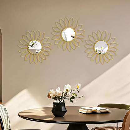 3 Pack Metal Mirrors for Wall Sunburst Wall Mirrors Home Décor Decorative Hanging Wall Art for Living Room Bedroom Entryway (Gold, Flower+Sunburst)