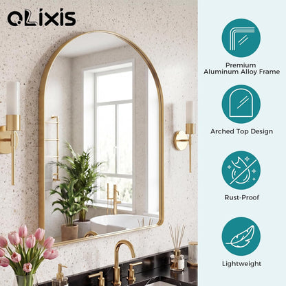 OLIXIS Arched Bathroom Mirror for Over Sink, 34x32 Inch Wall Mirror Arched Rounded Rectangle, Modern Wall Mount Vanity Mirror with Matte Metal Deep Framed, for Home Decor, Living Room, Black
