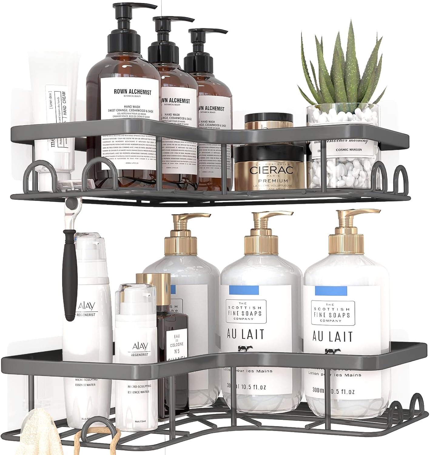 Sakugi Corner Shower Caddy - 2 Pack, Adhesive Shower Organizers, Rustproof Stainless Steel Shower Shelves with 8 Hooks, No Drilling Bathroom Organizers and Storage Racks, Space-Saving, Black, Medium