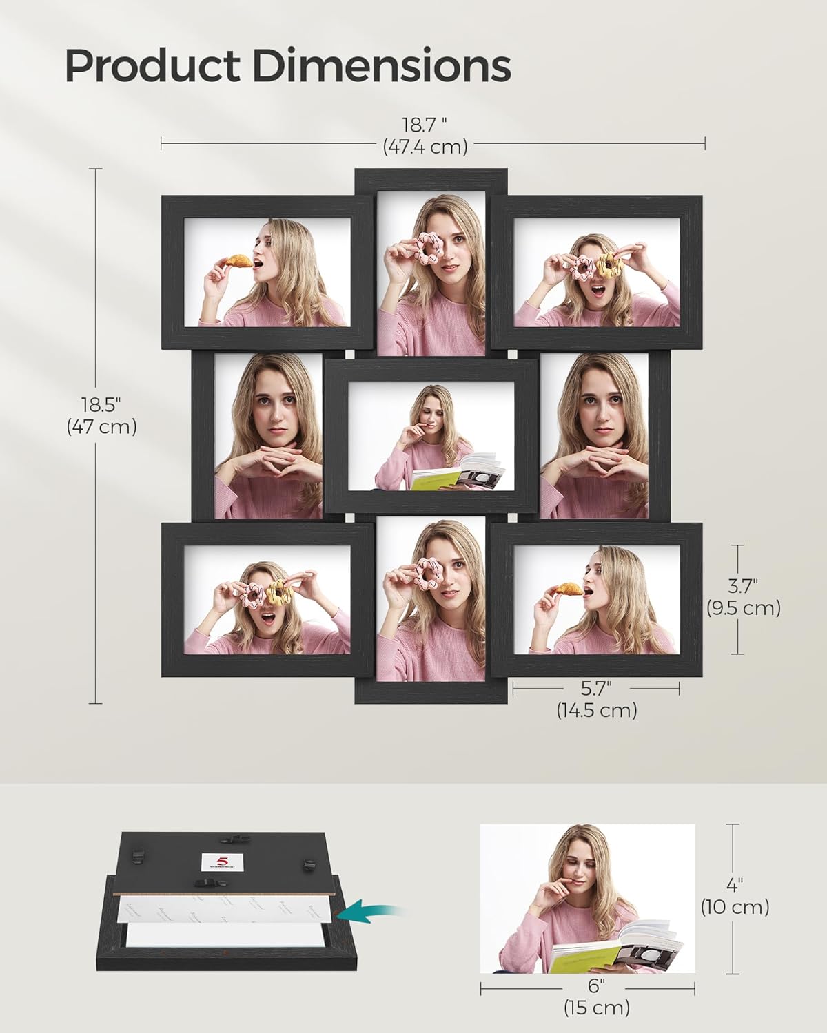 SONGMICS 4x6 Collage Picture Frames, 10-Pack Photo Collage Frame for Wall Decor, Glass Front, Assembly Required, Ink Black URPF20BK