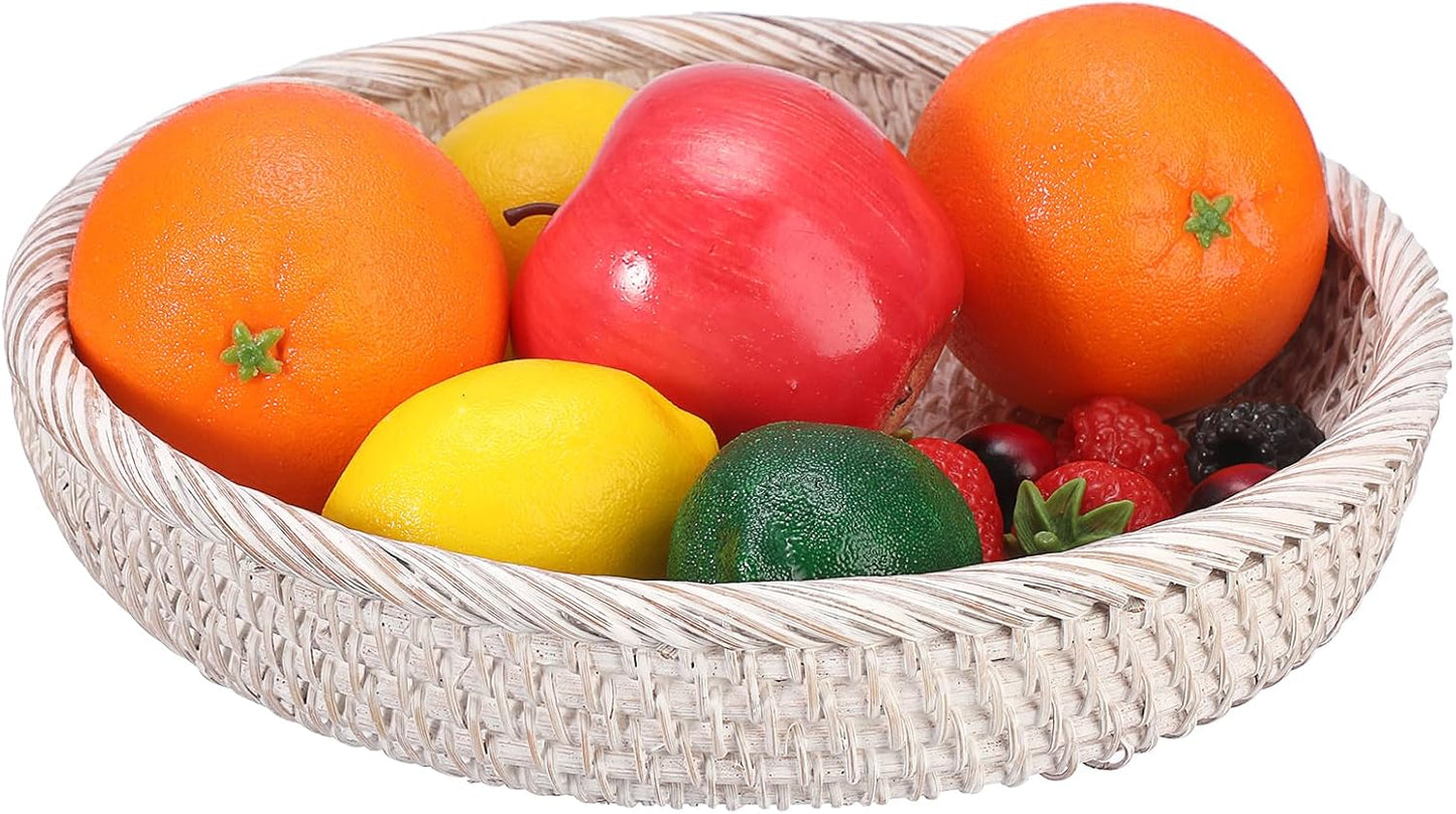 Hipiwe Small Key Basket Bowl for Entryway 7.6" Round Woven Wicker Basket Fruit Serving Tray Woven Basket Wall Decor Rattan Organizer Basket for Keys, Wallet,Whitewash