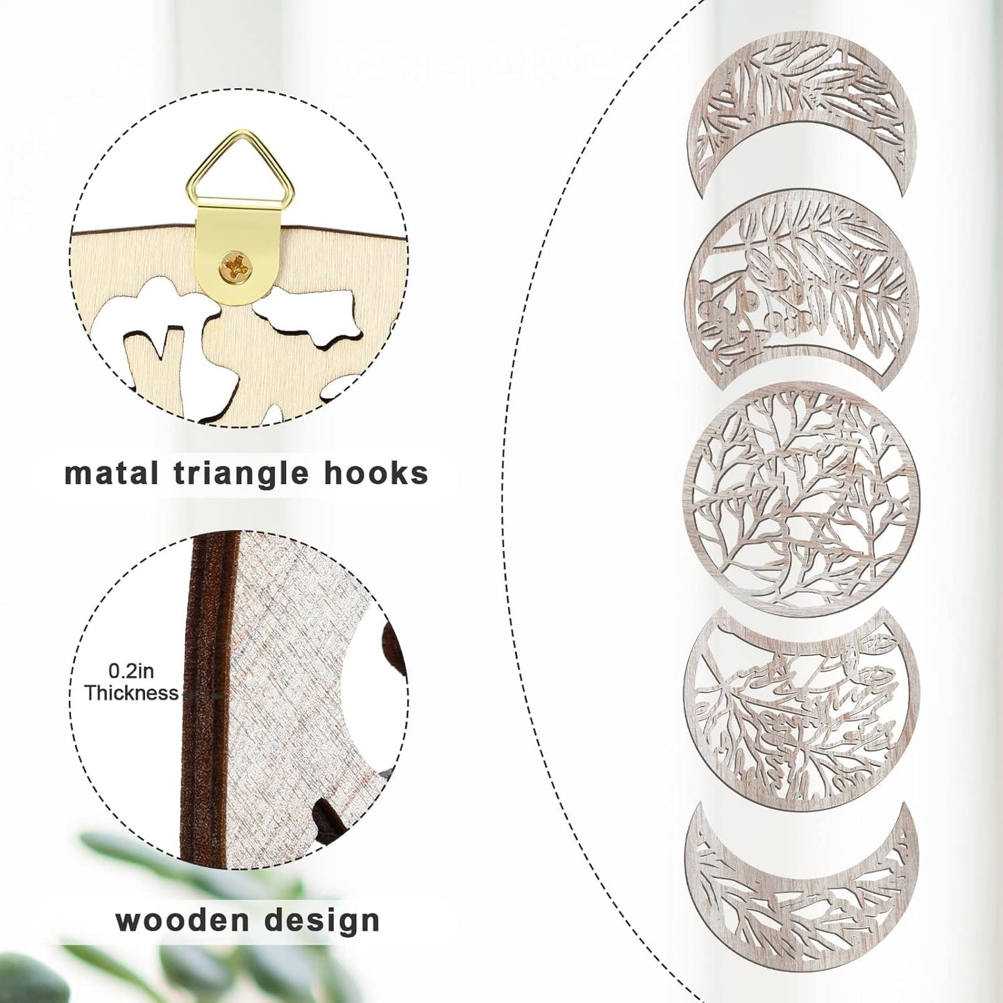 Jetec 5 Pcs Moon Phase Wall Art Decor Wall Pediments Hanging Wooden Phase Spiritual Bedroom Nordic Boho Lunar Aesthetic Art for Living Room Dorm Apartment Ornament(Brown,10.6 Inch,Botanical)