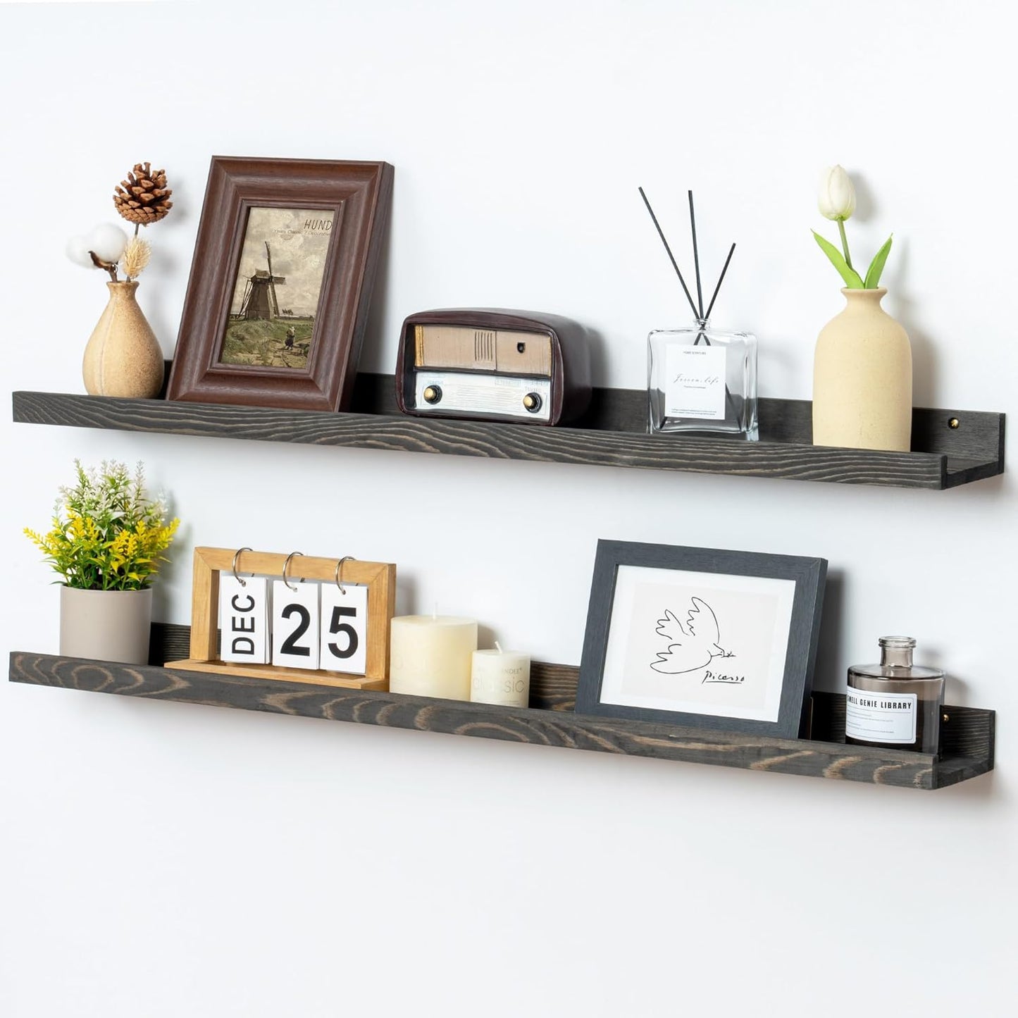 FLYJOE Picture Ledge Shelf, Floating Shelves Set of 2, Solid Pine Wood 55'' Long Large Nursery Book Shelves for Toys Storage, Kids Bookshelf for Living Room Bedroom Decor Books Photo Frames, Walnut