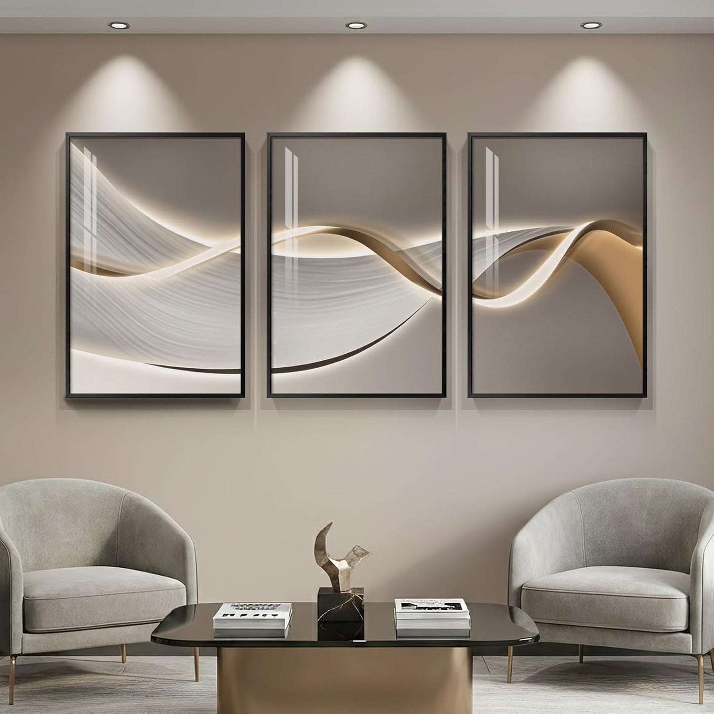 Framed Modern Luxury Gold Wall Art, Set of 3 Piece Contemporary Paintings Artwork for Walls, Golden Prints Pictures with Gold Frame, Wall Decor for Living Room, Hallway, Bedroom, Office 16x24 Inch