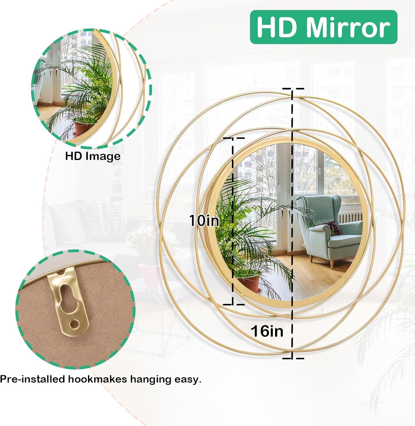 Gold Sunburst Mirrors for Wall Decorative Metal Round Art Mirrors Large Wall Decor Hanging Mirror for Bathroom Bedroom Living Room Vanity Entryway 16"