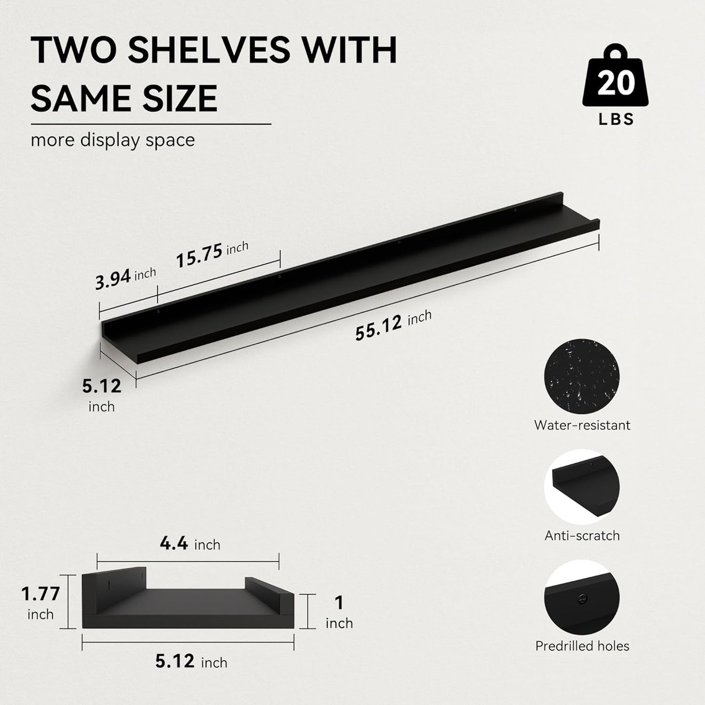 Boswillon Floating Shelves Wall Mounted Set of 2, Modern Black Wall Shelves for Storage with Lip, Display Picture Ledge Shelf for Wall Decor Bedroom Living Room Bathroom Kitchen