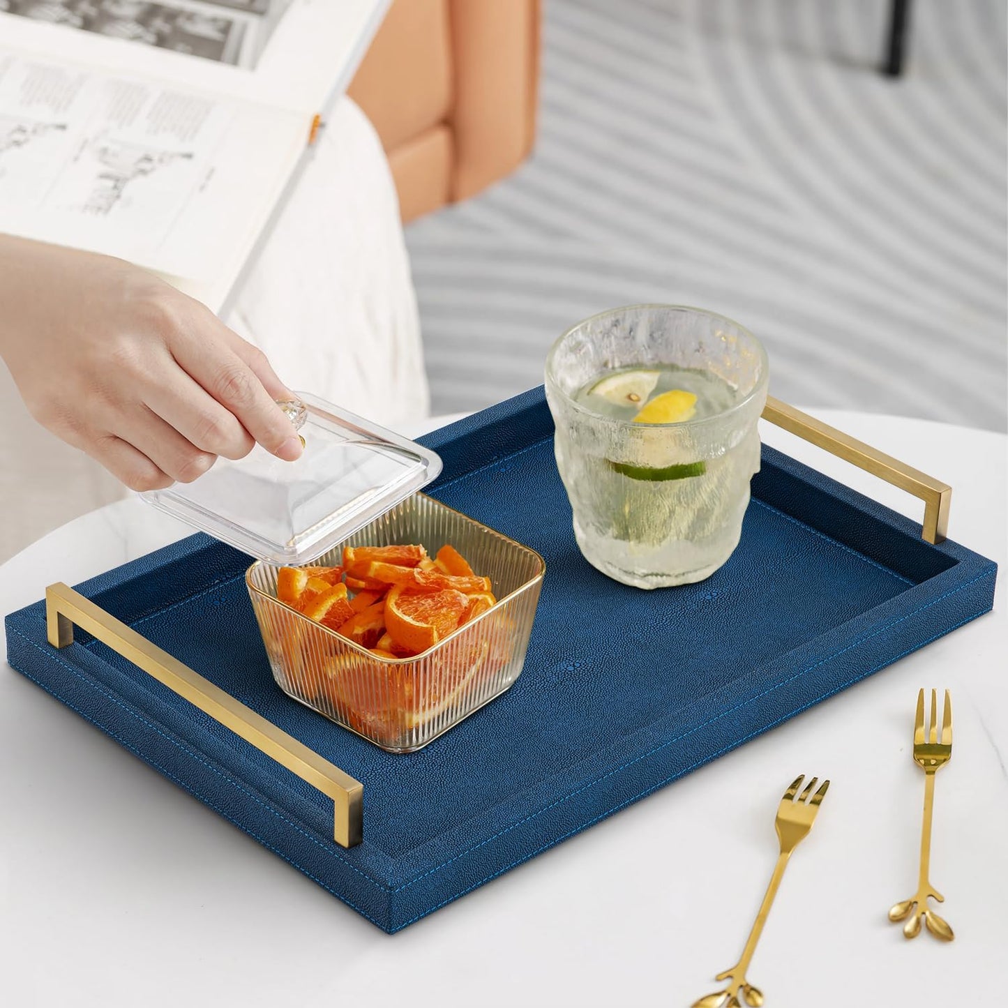 XIGEXIGE Ivory Shagreen Decorative Tray Large Rectangle Coffee Table Tray for Ottoman Faux Leather Serving Tray with Brushed Gold Handles
