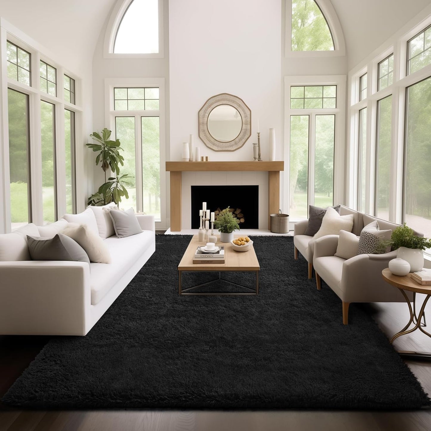 Ophanie Round Rugs 5Ft Ivory Circle Area Rug, Nursery Room Decor, Christmas Aesthetic Bedroom Home Circular Carpet 5 Foot, Fluffy Fuzzy Shag Plush Cream Living Room Rugs for Kids Boys Girls Teen Baby