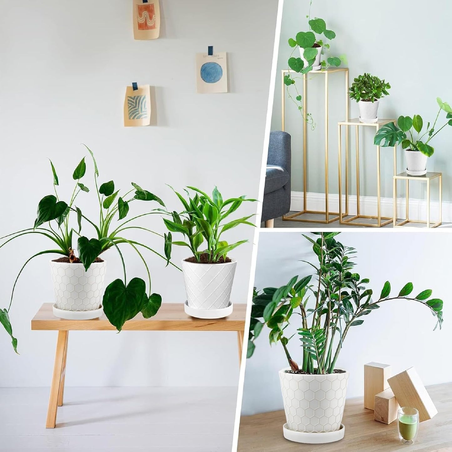 Ceramic Plant Pots,4+5+6 Inch Pots for Indoor Plants,Planters with Drainage Holes and Ceramic Tray, Indoor Flower Pots Gardening Home Desktop Office Windowsill Decoration Gift,Set of 3 (Patina)