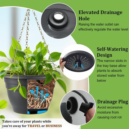 RooTrimmer Hanging Planters for Indoor Outdoor Plants 8 and 10 Inch, 4 Packs Hanging Flower Pot with Drainage Holes, Self-Watering Hanging Basket Perfect for Home, Office and Garden, White