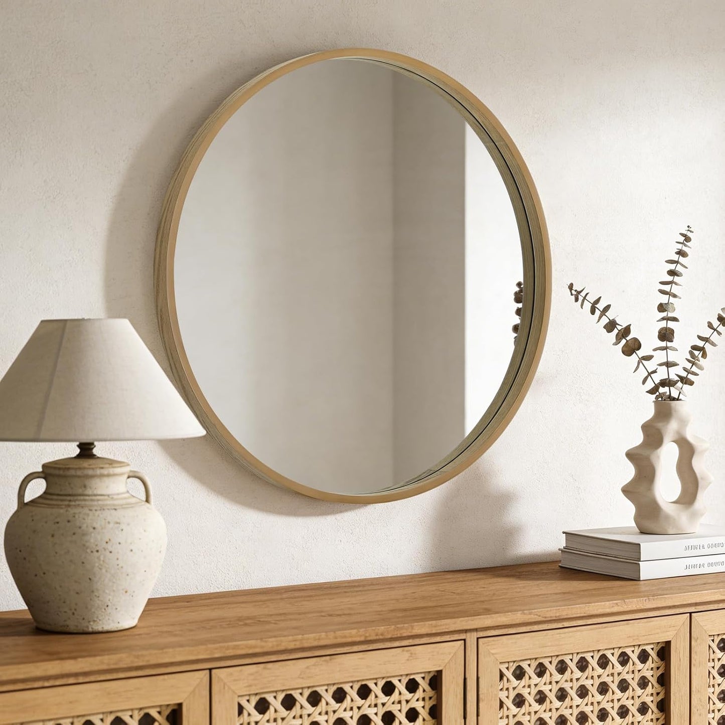 WallBeyond Wood Round Mirror with Wood Frame 24 inch Circle Wall Mirror for Bathroom Round Wall Mirror for Wall Decor, Vanity, Entryway Living Room (Walnut)