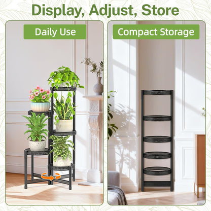 iDavosic.ly Plant Stand Indoor Outdoor, 5 Tier Corner Metal Flower Display Holder Shelf, Folding Tall Orchid Rack for Patio Balcony Porch Garden Living Room House, Black