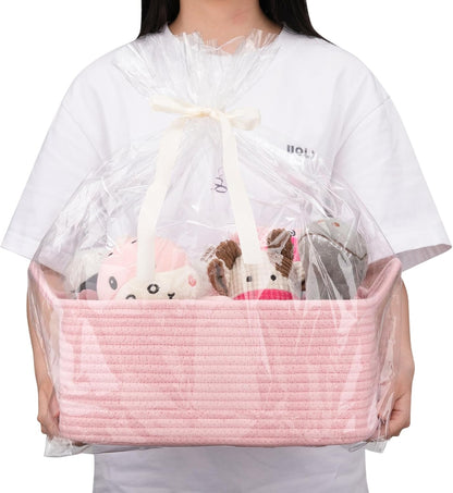 OIAHOMY Woven Basket, Gift Basket Empty with Gift Bags and Ribbons, Rope Baskets for Baby Showers, Storage Baskets with Handles for Nursery, Pet Toy Organizer - White