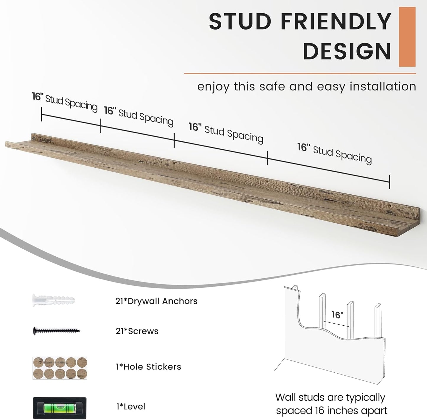 FLYJOE Floating Picture Ledge Shelves for Wall Set of 4, 48 Inch Wall Shelves with Lip Long Large Nursery Book Shelf for Toys Storage Kids Bookshelf Wall Mounted Living Room Bedroom Decor Frames