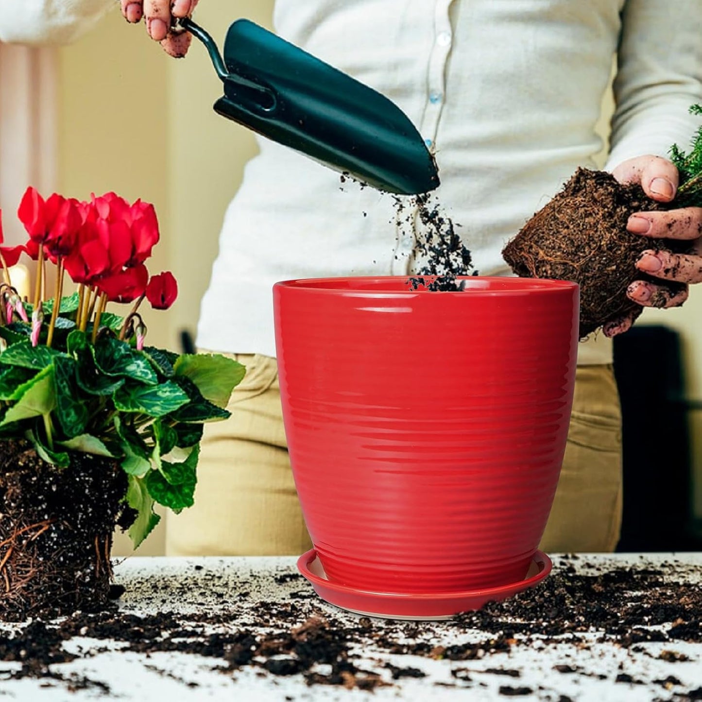 Ceramic Pots for Plants - 6 Inch Plant Pot with Drainage Hole and Saucer, Round Planters for Indoor Outdoor, Flower Pots, Modern Planter, Home Office Room Decor, Gifts for Plant Lovers, White