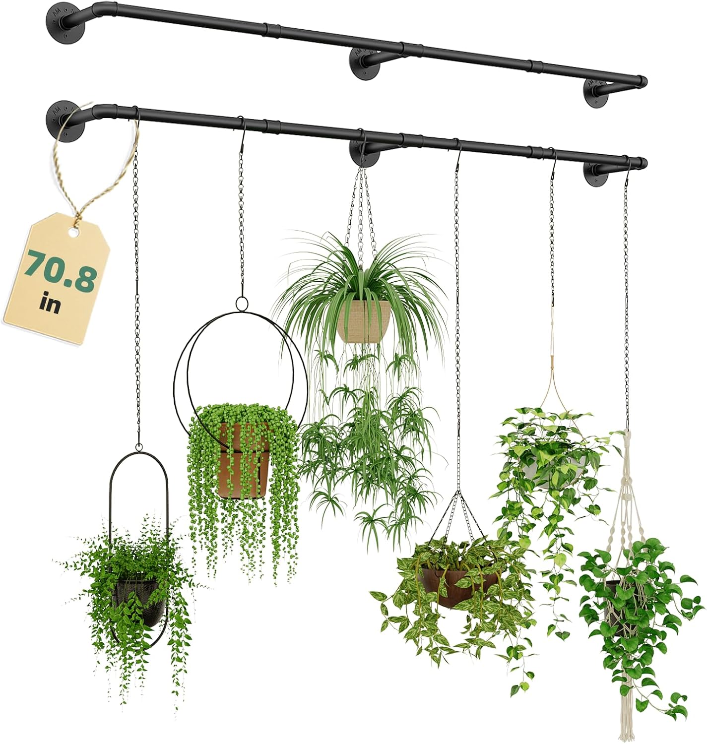 Galood Plant Hanger Indoor with 6 Hanging Chains Hanging Planters for Indoor Plants Hanging Plant Holder Window Plants Rod Black Metal Shelves(70.8 Inch Pot not Included