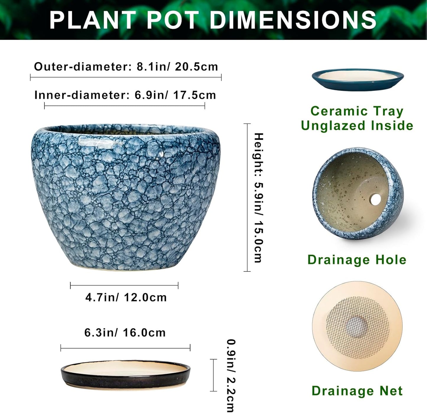 6 Inch Plant Pot - Ceramic Pots for Plants with Drainage Hole and Saucer, Round Succulent Planter Indoor Outdoor, Modern Flower Pot for Snake Plants, Home Decor, Gifts for Plant Lover, Blue