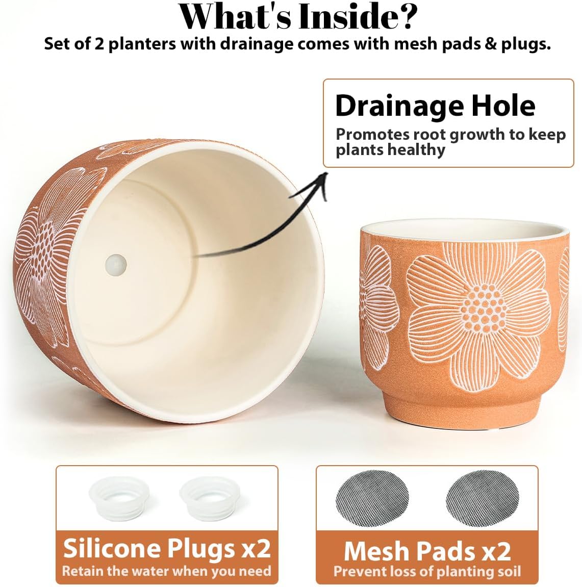 YBX 8 Inch + 6 Inch Ceramic Plant Pots, Succulent Flower Pots with Drainage Holes, Terracotta Planters for Indoor Plants, White&Terracotta (Garden)