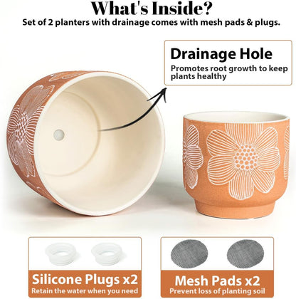 YBX 8 Inch + 6 Inch Ceramic Plant Pots, Succulent Flower Pots with Drainage Holes, Terracotta Planters for Indoor Plants, White&Terracotta (Garden)
