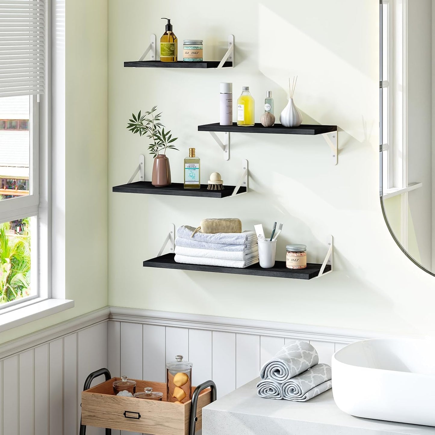 YGEOMER Floating Shelves for Wall, Different Sizes Dark Carbonized Brown Wall Shelves for Living Room, Bathroom, Bedroom, Kitchen, Home Decor (Set of 4)