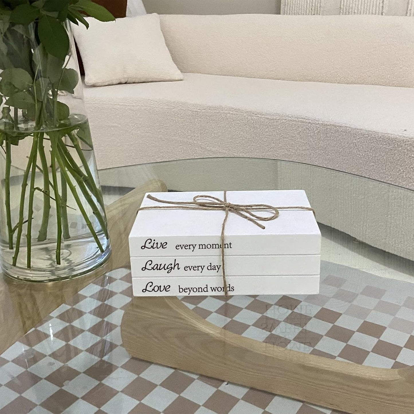 Decorative Books for Home Decor, White Faux Books for Decoration, Rustic Farmhouse Stacked Display Books with 52in Wood Bead Garland for Coffee Tables Living Room (TAKE TIME to DO)
