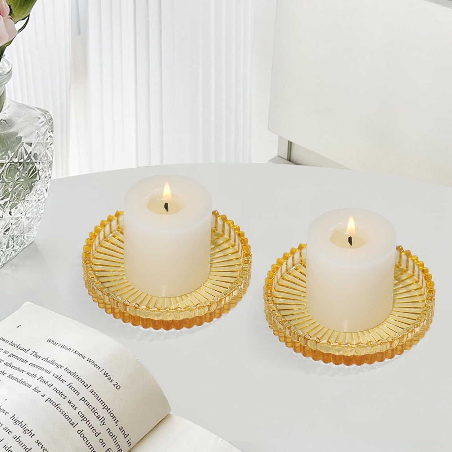Vixdonos 3.8 Inch Glass Pillar Candle Holder Set Pack 2 Gear Round Plate Serrated Candle Stand for Table Centerpieces,Party, Wedding and Home Decor