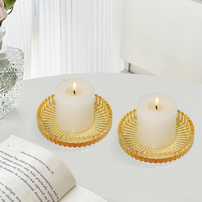 Vixdonos 3.8 Inch Glass Pillar Candle Holder Set Pack 2 Gear Round Plate Serrated Candle Stand for Table Centerpieces,Party, Wedding and Home Decor