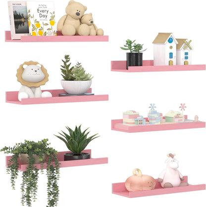 upsimples 6 Pack Wooden Floating Shelves, Wall Storage Decor Shelf for Bathroom, Bedroom, Living Room, Kitchen, Office and Laundry Room, Wall Mounted Display Hanging Shelf, Brown