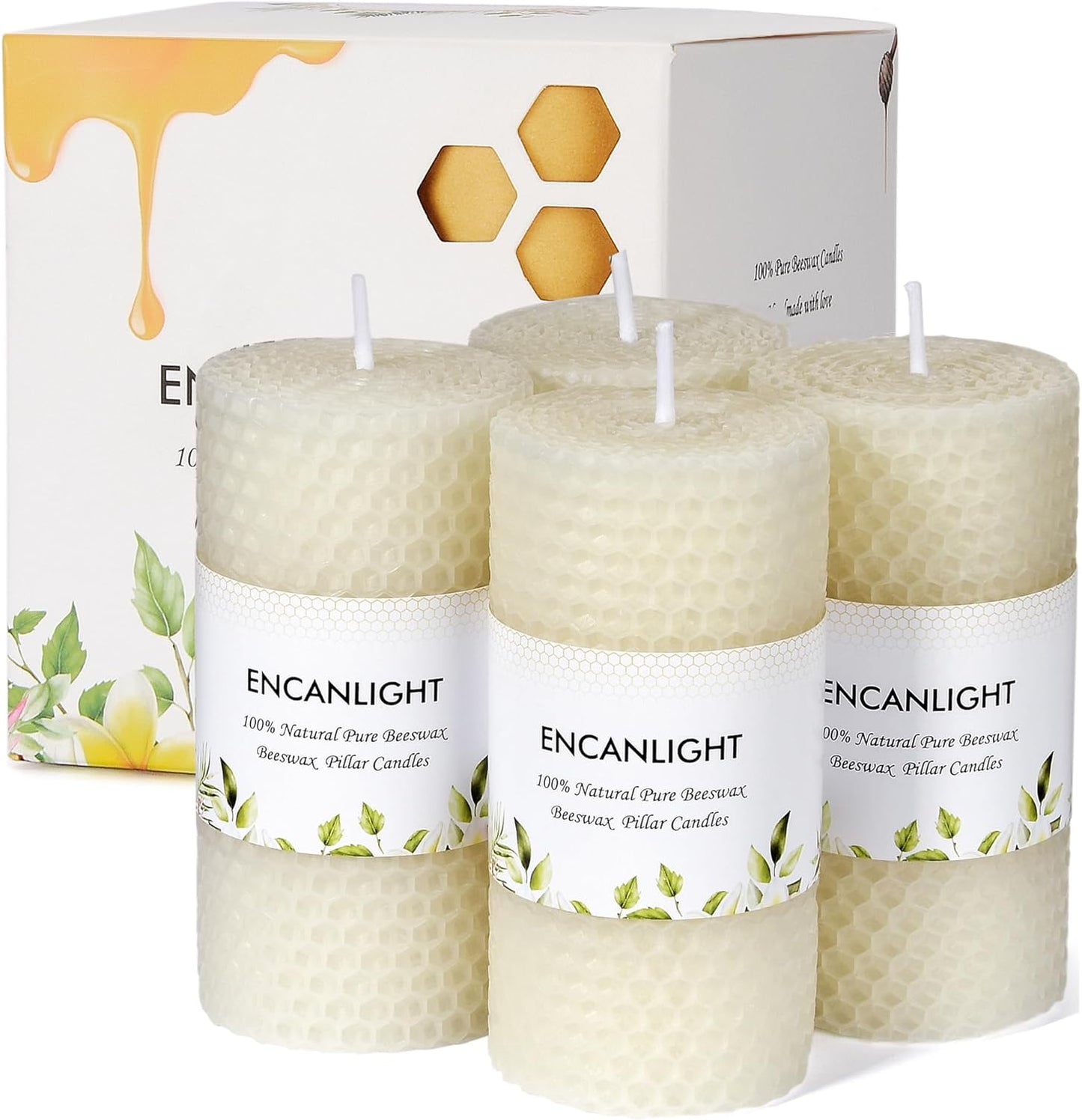White Roll 2packs Bee swaxs Pillar Candles,Honeycamb Pillar Candle Set of 2 - Dripless and Smokeless,Approx 30 Hours Hurn for Home Decor,Party Wedding, Dinner