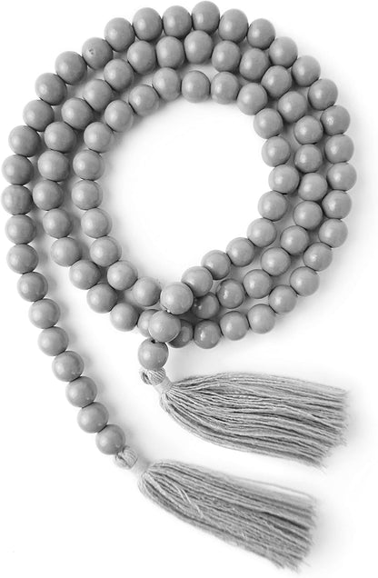 Wooden Beads Garland with Tassels, 61 Inch Grey Wood Bead Garland, Modern Farmhouse Decor, Boho Home Decor Clearance