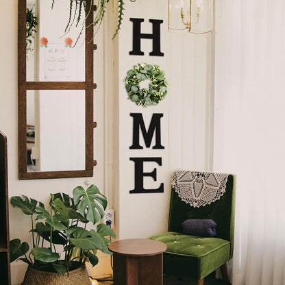 Pinkpum Wood Home Sign with Artificial Eucalyptus Wreath for O, Hanging Farmhouse Wall House Decor Wood Letters for Wall Art Rustic Home Decor, Wall Decor for Living Room Kitchen Entryway (Black)