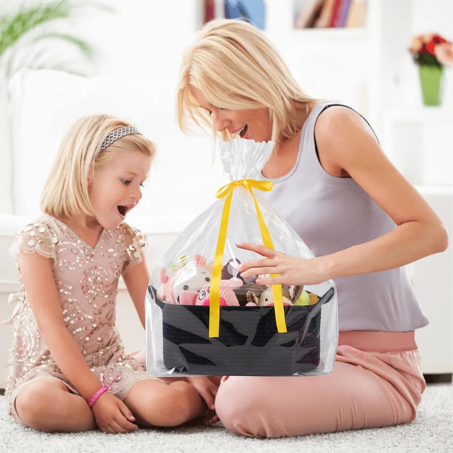 OIAHOMY Woven Basket, Gift Basket Empty with Gift Bags and Ribbons, Rope Baskets for Baby Showers, Storage Baskets with Handles for Nursery, Pet Toy Organizer - White