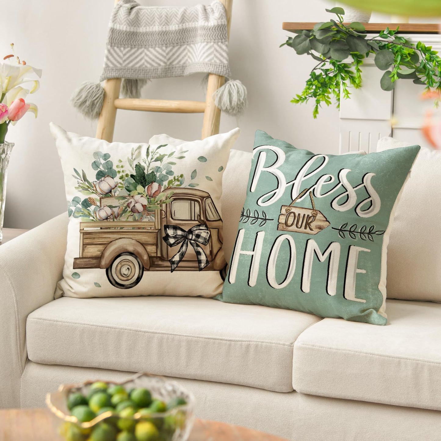 AVOIN colorlife Bless Our Home Farmhouse Eucalyptus Leaves Throw Pillow Covers, 18 x 18 Inch Truck Home Sweet Home Cushion Case Decorations Set of 4